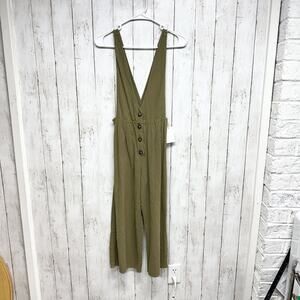 Sienna Sky Jumpsuit Women Size XS Olive Deep V-Neck Sleeveless Wide Leg Button